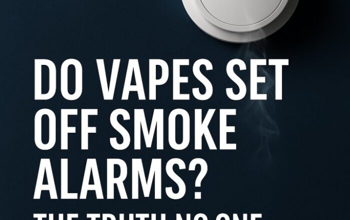 A digital feature image showing a white smoke alarm mounted on a dark blue wall with a faint wisp of vapor rising below it. Bold white text beside the alarm reads: 'Do Vapes Set Off Smoke Alarms? The Truth No One Told You
