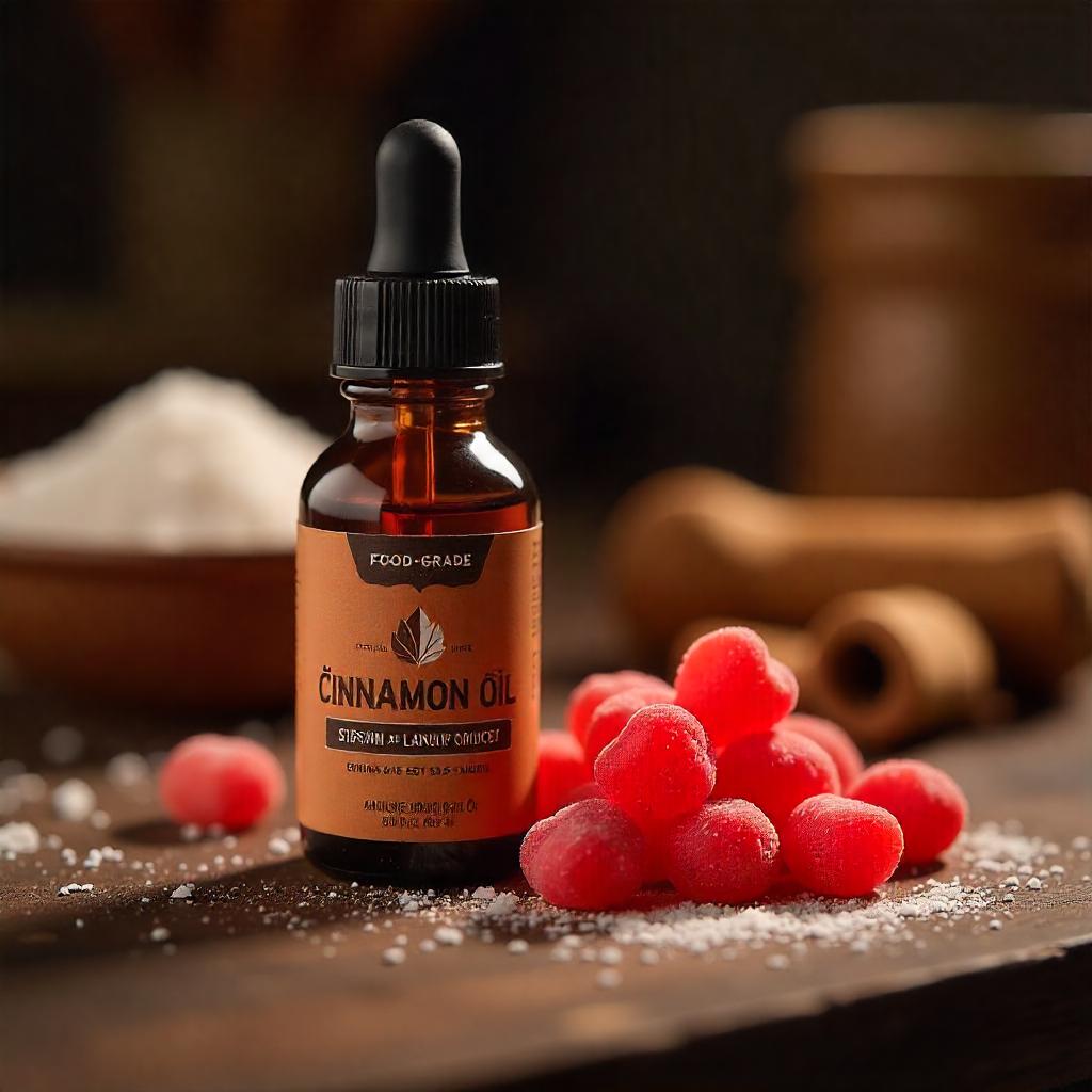 Bottle of food-grade cinnamon oil with dropper beside red hard candies, cinnamon sticks, and sugar crystals on a kitchen counter