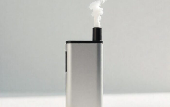 Sleek silver e-cigarette standing upright on a clean surface with soft vapor rising, symbolizing a modern, smoke-free lifestyle.
