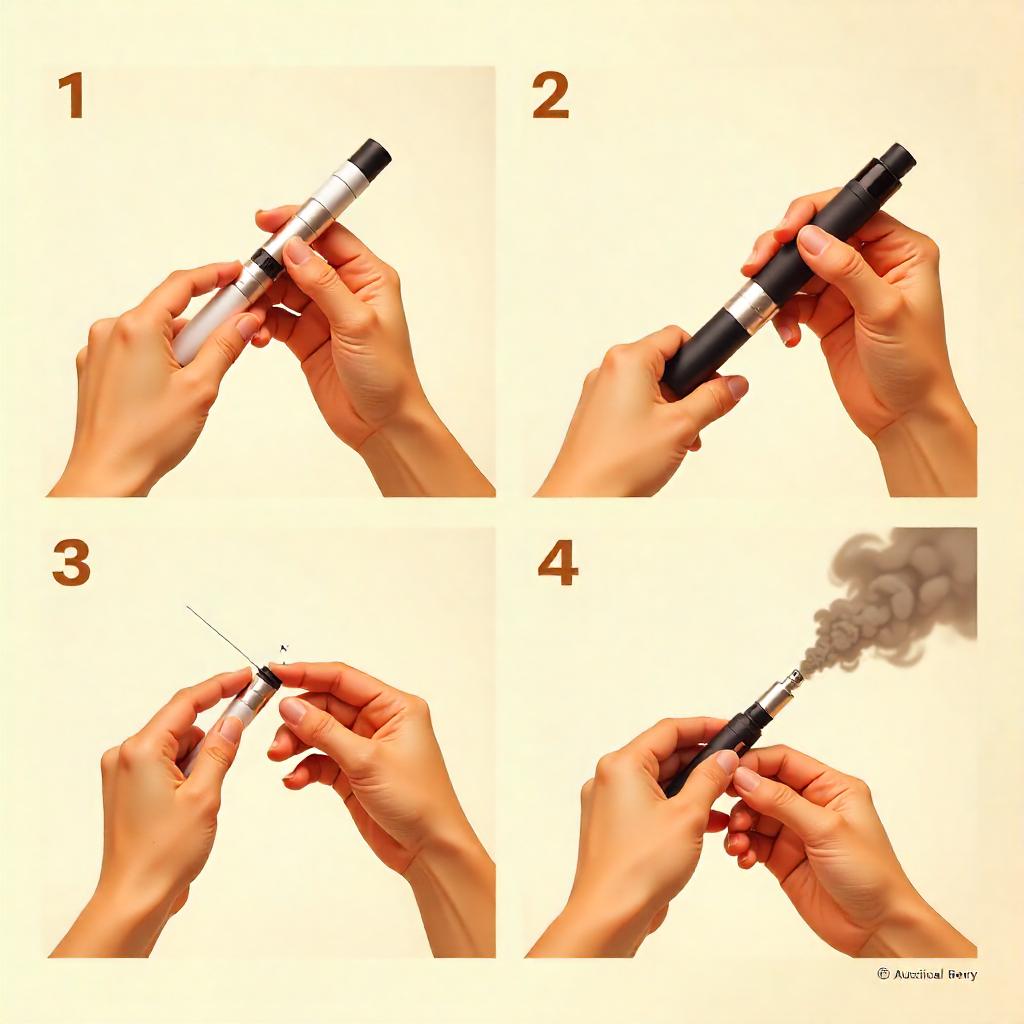 Illustrated step-by-step guide showing how to use a vape pen, including charging, checking the cartridge, pressing the button, and inhaling.