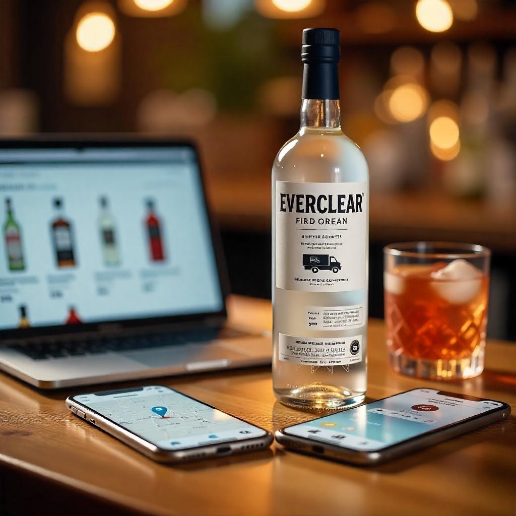 Everclear bottle on a wooden bar counter with a laptop showing online liquor retailers, two smartphones displaying local store maps, and a cocktail glass beside it – illustrating where to buy Everclear both online and in-store