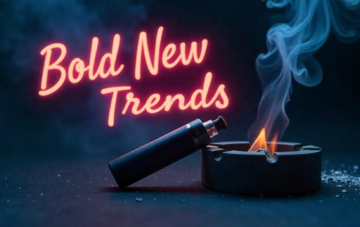 A modern vape device releasing vapor shaped like traditional cigarettes, set beside a burning ashtray, with dark moody lighting and neon text reading “Bold New Trends.” The image contrasts vaping with smoking in a stylish, edgy atmosphere.