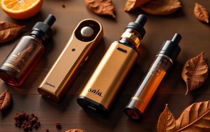 "Flat lay of premium tobacco vape devices and e-liquid bottles arranged on a wooden surface with dried tobacco leaves, showcasing the best tobacco vape brands in a warm, elegant setting."